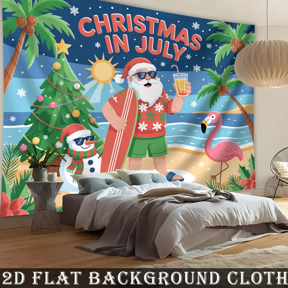 2D Flat Banner Christmas In July themed polyester photography backdrop, HD digitally printed soft lightweight foldable background cloth, ideal for summer holiday events, party decor, product photos, portrait shooting, video studio