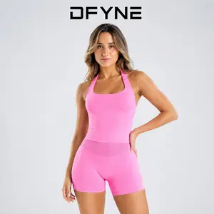 DFYNE Women’s 2-Piece Wide Strap Halter Sports Set - Padded Seamless Quick-Dry Compression Activewear, High-Stretch Yoga Workout Outfit with Scrunch Butt Shorts, Patchwork Design,gym