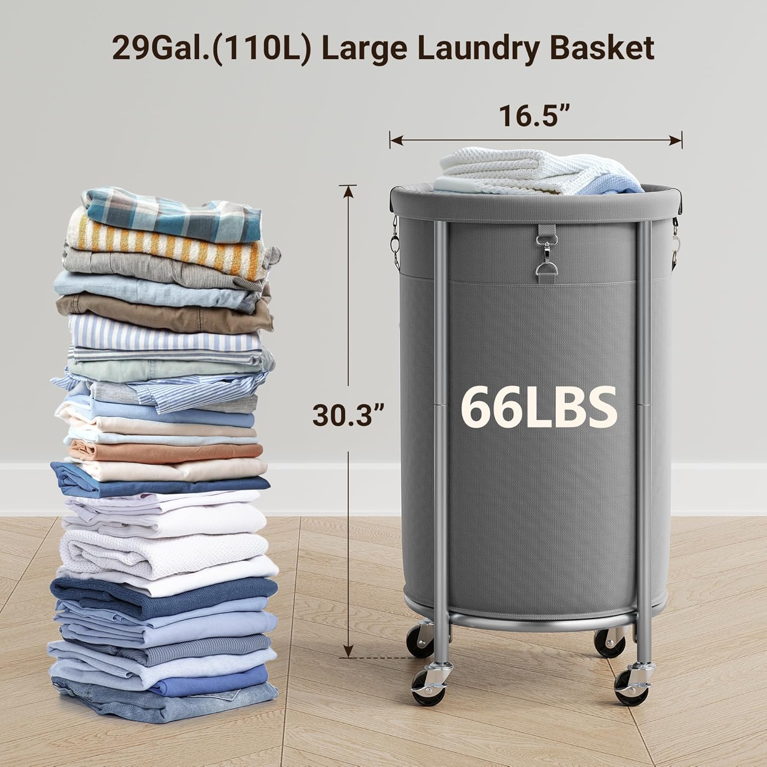 Laundry Hamper with Wheels, 110L Rolling Laundry Basket, Round Laundry Cart with Steel Frame and Removable Bag, 4 Casters and 2 Brakes, Dirty Clothes Hamper for Hotel, Home, Closet, Dorm, Gray