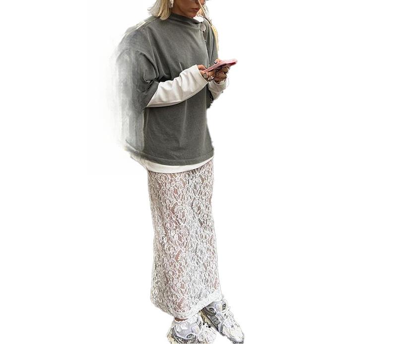 Street Fashion Jacquard Hollow Back Slit Lace Maxi Skirt for Women Big Size Elegant Chic Basic Minimalist White Summer Clothes TWomenswear Bottom