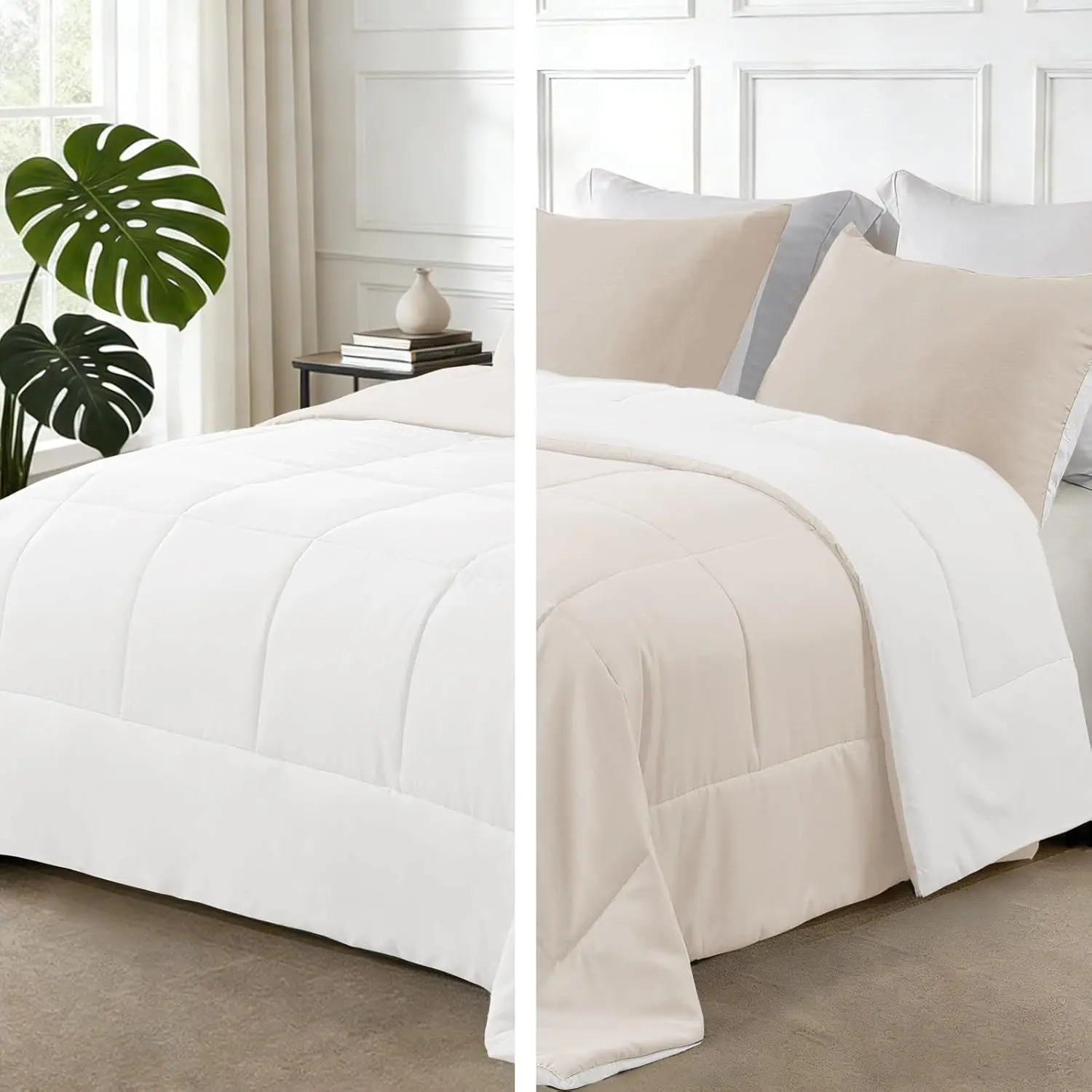 Reversible Soft Full Comforter Set, 3 Pieces |   Brich Beige/ White Lightweight Microfiber Down Alternative Comforters, All-Season Bedding with 2 Pillow Shams