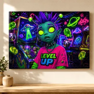 Neon Alien Arcade Canvas Poster, Cyberpunk Gaming Room Wall Art, Colorful Punk Character Level Up Poster Print, Bedroom Wall Decor, Living Room Decor, Teen Room Aesthetic Gift,wall decor,poster.