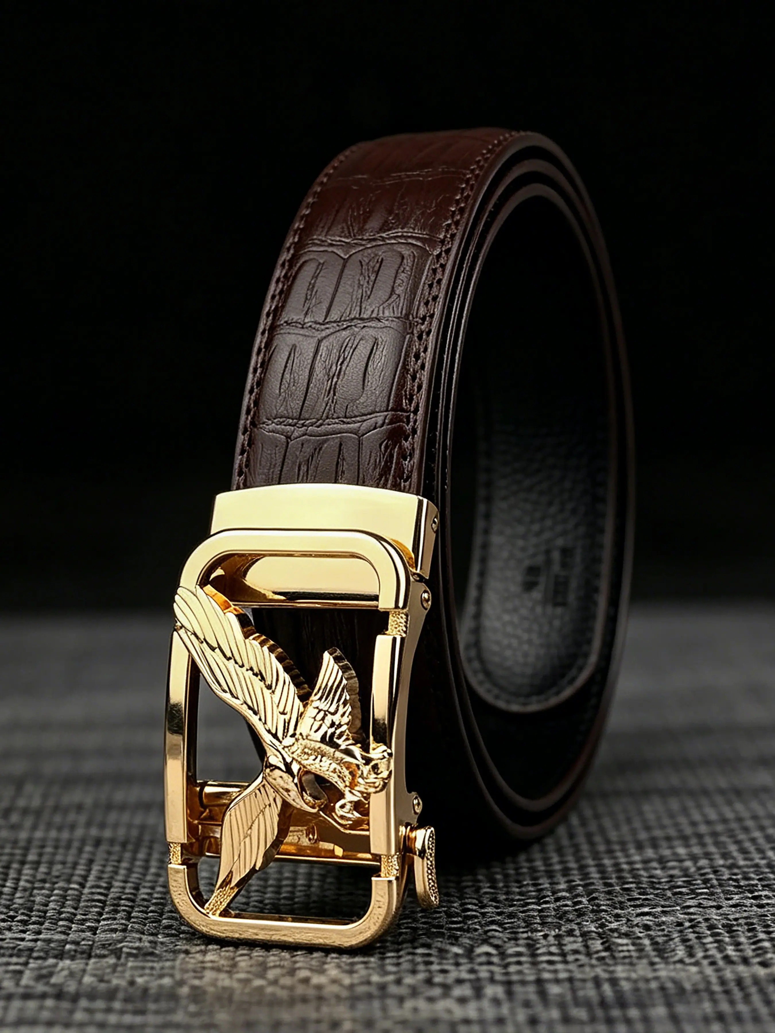 Eagle Sculpture Alloy Automatic Buckle Belt, 1.38in/3.5cm Wide Crocodile Texture Pressed Teeth Belt, Suitable for Father's Day Gifts and Daily Commuting, Pu Leather Belts