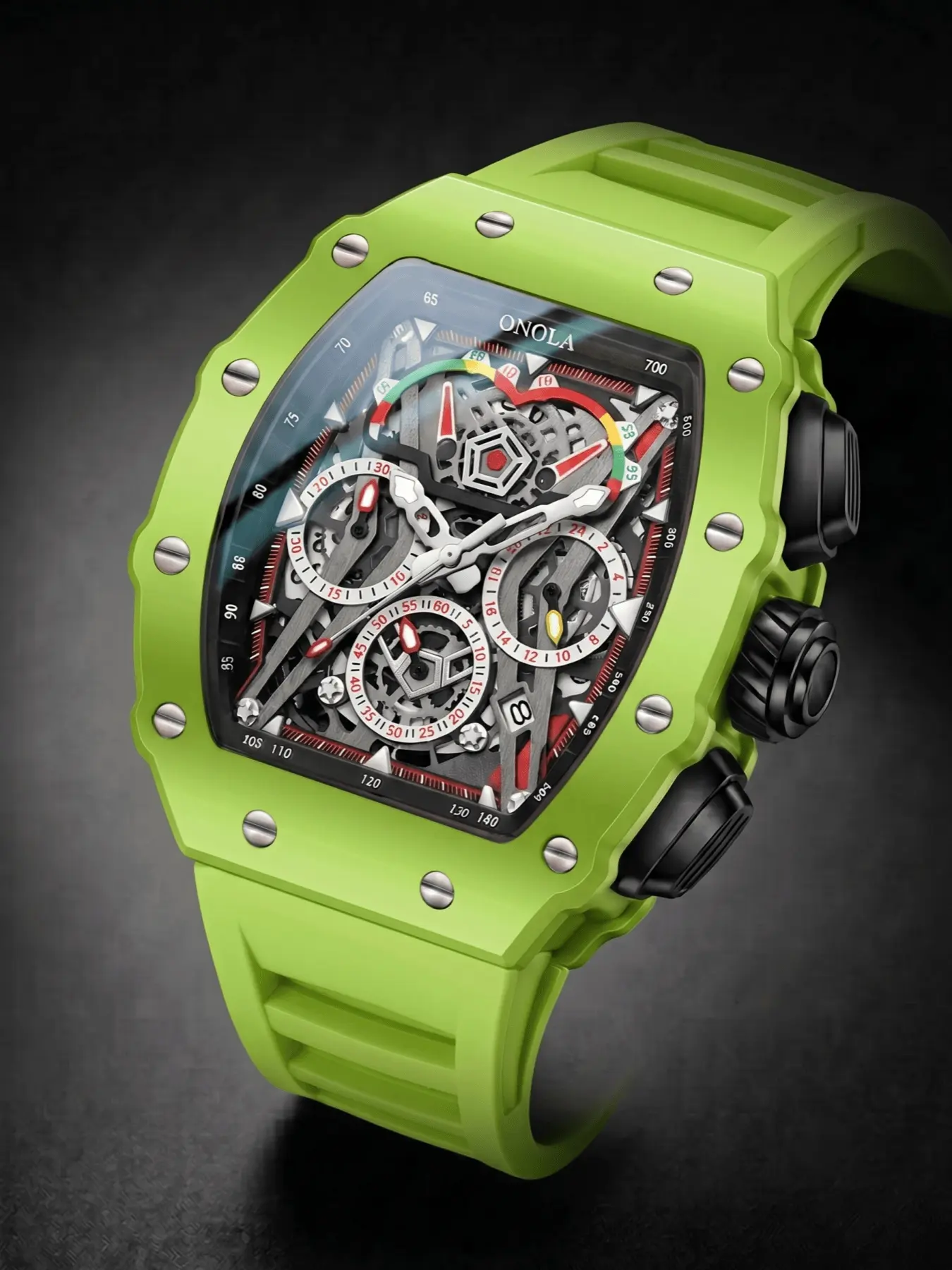 ONOLA Men Quartz Watch Tonneau Skeleton Chronograph Hand WristWatch Multi Dials Racing Dial Watch Integrated Silicone Case Soft Silicone Strap Trend Sport Business Male Wristwatch Daily Outdoor Party Birthday Anniversary Holiday Gift Watch For Men