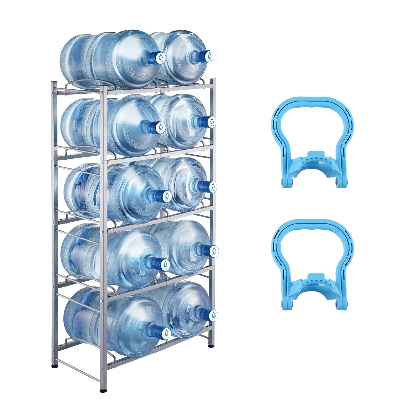 VEVOR 5 Tiers Water Jug Holder, 5 Gallon Water Bottle Holder, Double Row Water Bottle Rack for 10 Bottles, Heavy Duty Water Jug Rack for Kitchen, Office, Living Room, Silver Gray