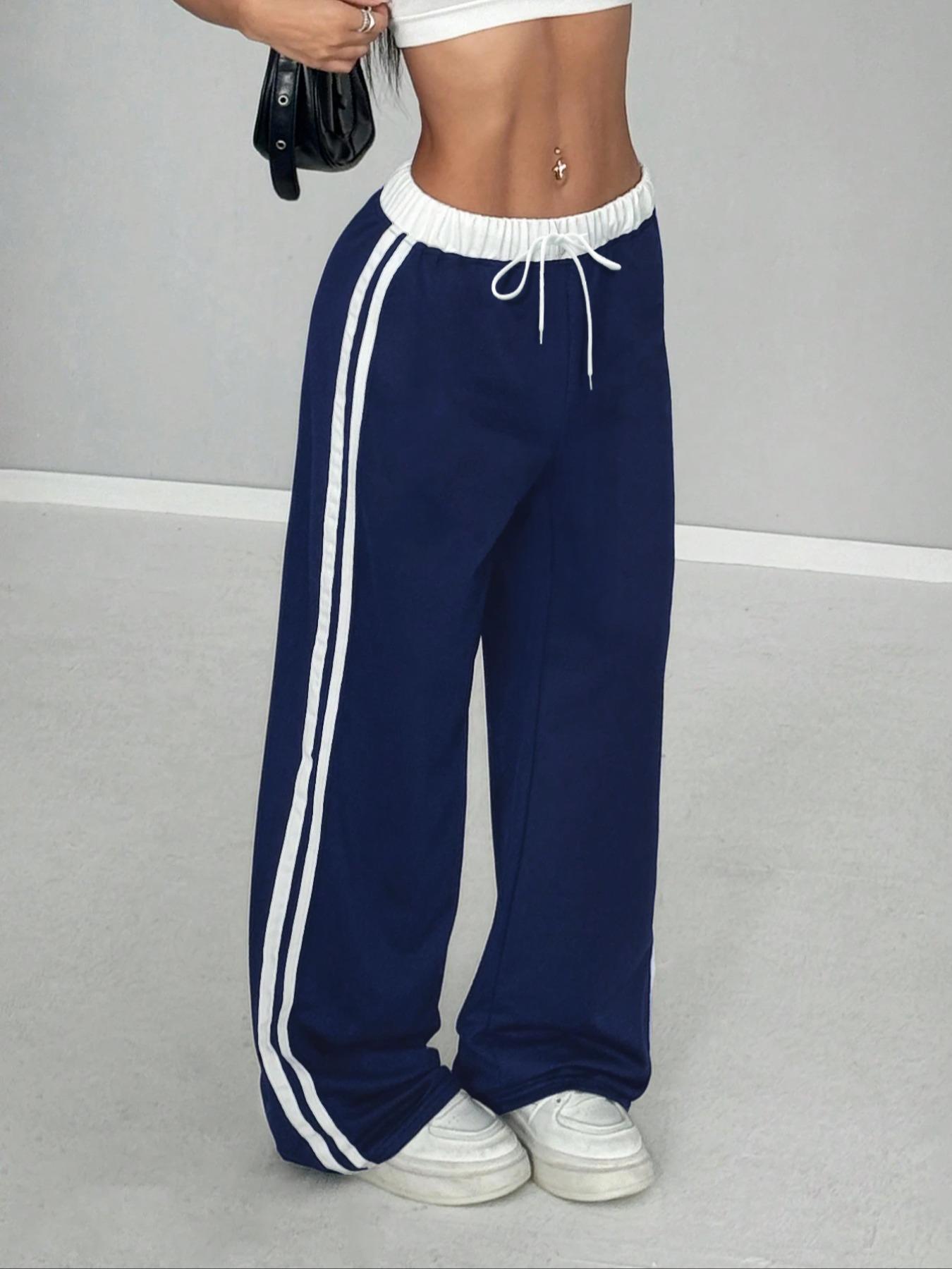 Women's Knitted Casual Fleece Color Block Wide Leg Pants with Elastic Waist and Tie, Perfect for Daily Wear, Casual Loose Pants