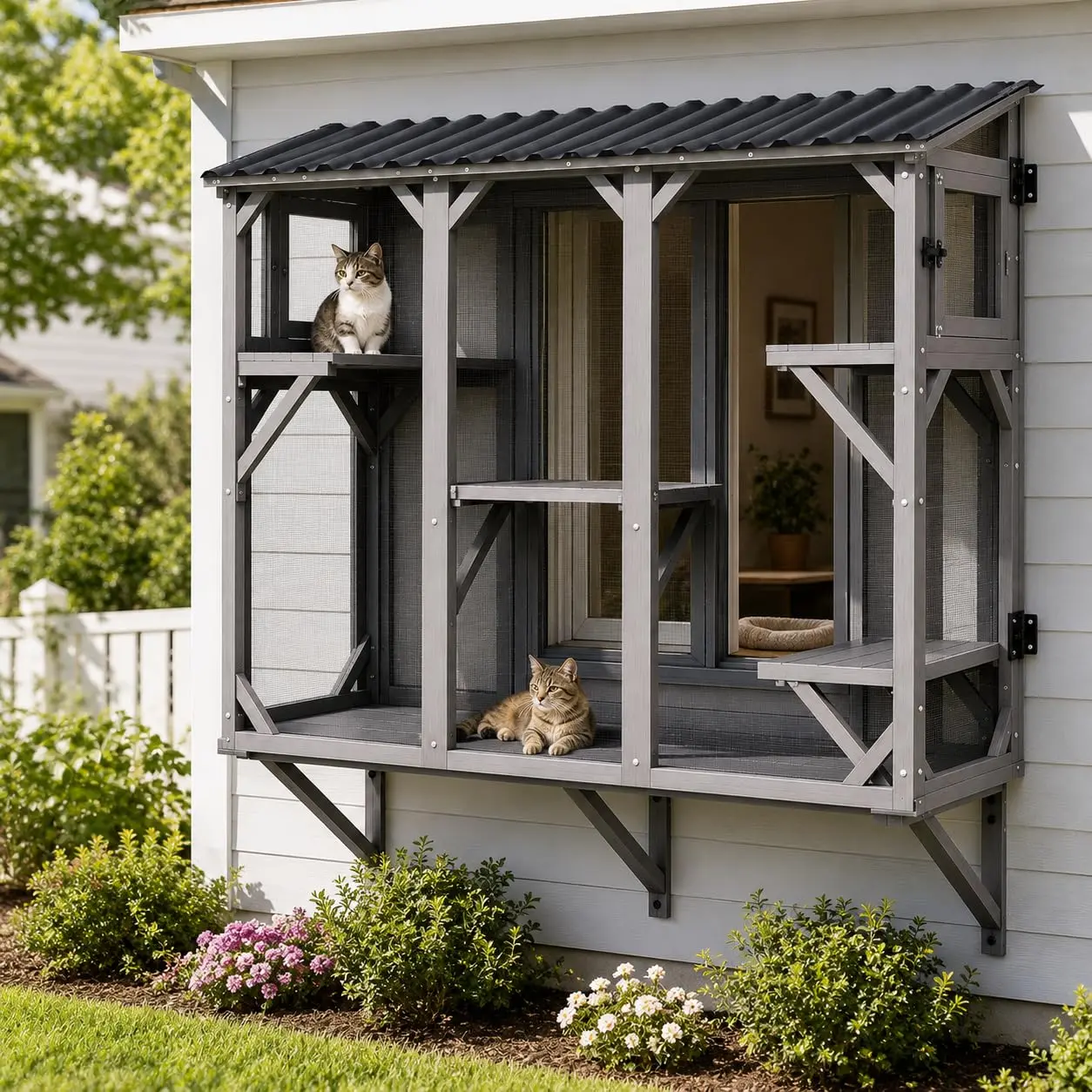Window Catio Cat Enclosure, 70" Wooden Outdoor Cat House, Multi-Cat Weatherproof Cat House with 3-Side Fine Mesh Screen, Removable Tunnel Door, Jumping Platforms & Lockable Doors for Backyard Garden Outdoor Cat Activity, 65"L x 21.2"W x 62.2"H