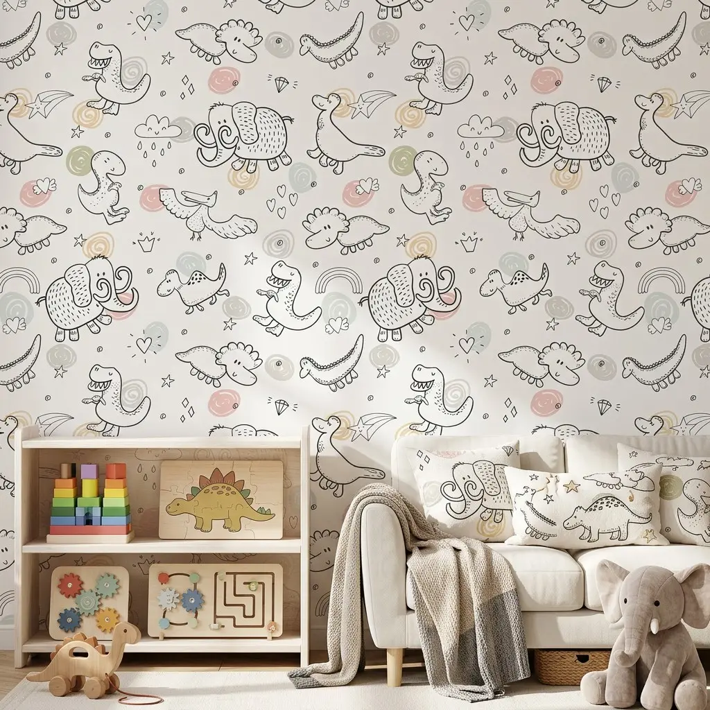 1 Roll 44.5cm Dinosaur Elephant Wallpaper Sticker, Waterproof Kids Wall Decal, Wall Stickers, Easy Cut Install, for Bedroom Nursery Game Room Furniture Decor