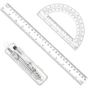 3 Pcs Geometry Tool Set, Compass & Protractor with 12 Inch Clear Plastic Measuring Ruler for Math Drafting Art Home Office Drawing