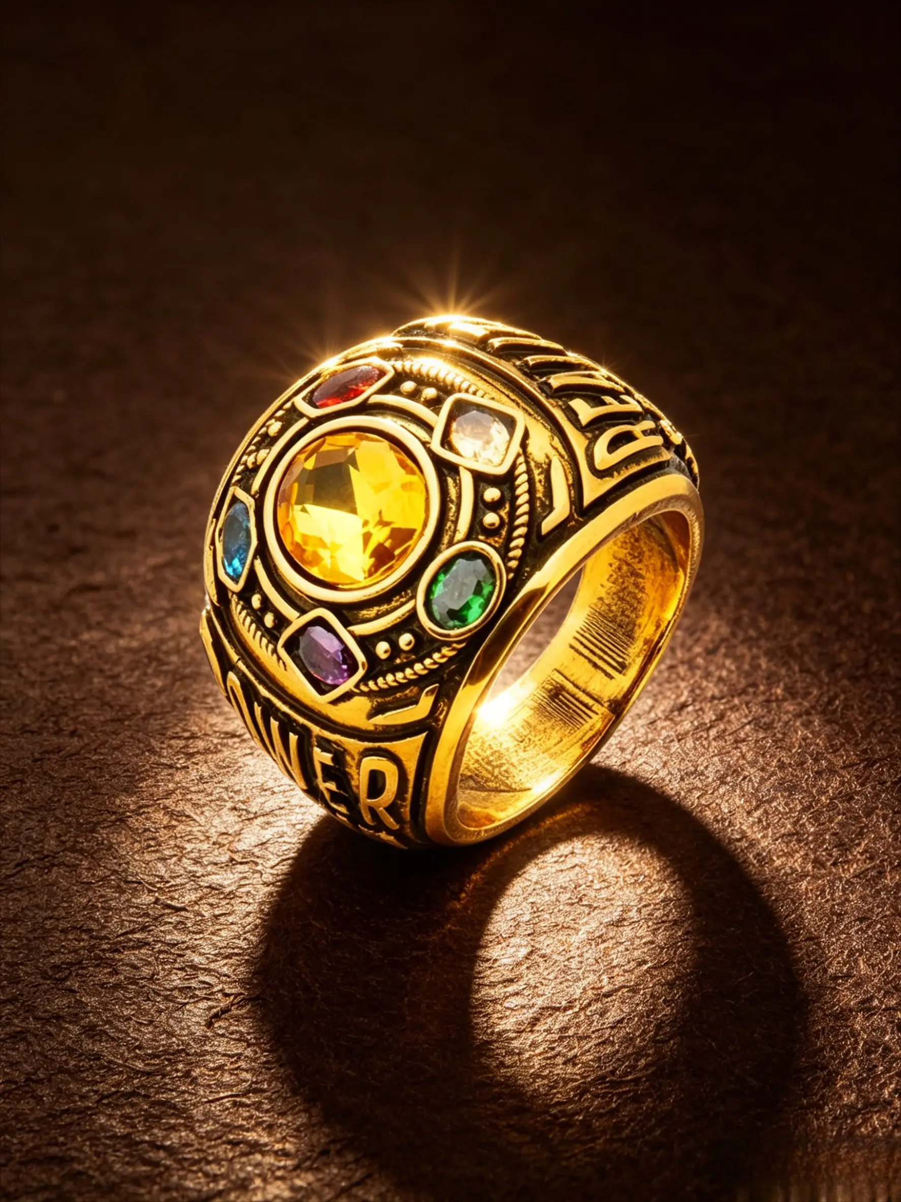 Infinity Stone Six Color Gem Signet Ring, Antique Gold Stainless Steel Wide Men Band Metal Rings, Tarnish Resistant Hypoallergenic Movie Cosplay Power Statement Jewelry Gift For Him