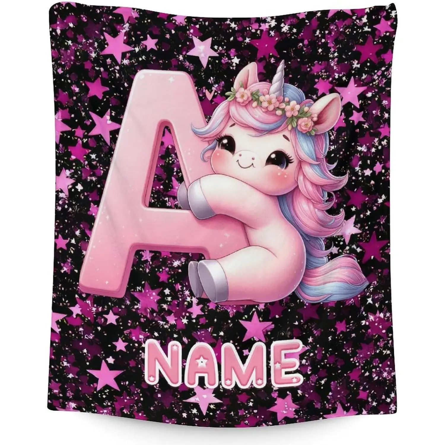 Dreamy Unicorn Letter A Throw Blanket, Personalized Name Pink Star Flannel Blanket, Soft Cozy Warm Cover, Custom Floral Crown Design, Gift for Her Girl Daughter, Whimsical Nursery Bedroom Couch Decor ﻿