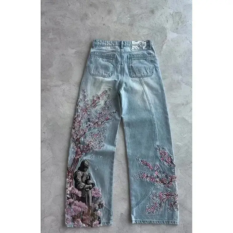 Men Women Cherry Blossom Knight All Embroidery Denim Pants Y2k Vintage Baggy Street Straight Jeans High Waisted Washed Blue Jean