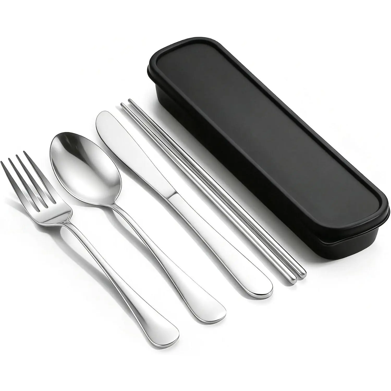 Travel Utensils with Case,  5 count Stainless Steel Silverware Set for Work, Portable  Travel Cutlery Set, Fork and Spoon Set for Picnic, Camping, Gadgets, Lunch Box for Men,