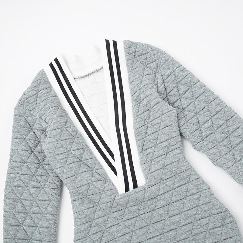 Sexy Deep V Quilted Cotton Long Sleeve Sweatshirt Dress Bodycon Dress