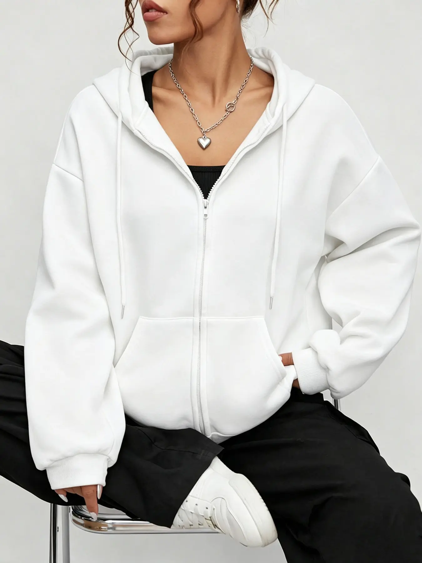 Women's Casual Loose-Fit Hooded Zipper Sweatshirt, Plain Color Fashion Open Front Cardigan, Essential for Minimalists, Multiple Colors Available