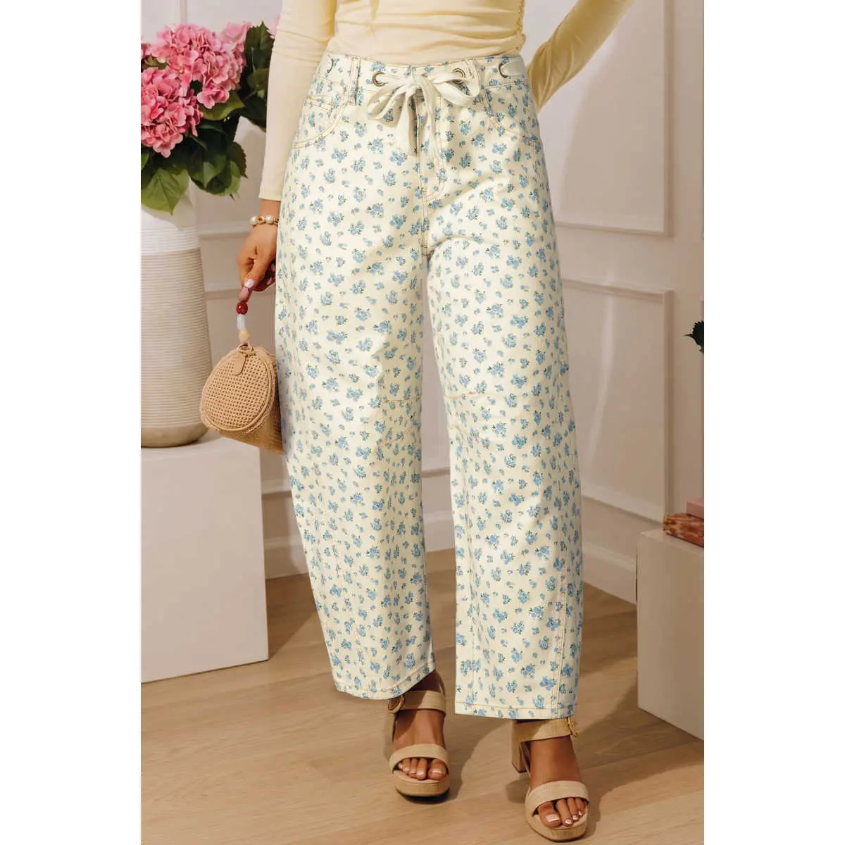 Beige Grommet Knot Waist Floral Barrel Leg Jeans