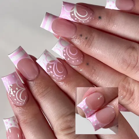 24pcs Long Square Press-On Nails, Polka Dot Striped Design, Acrylic Material, Includes Jelly Glue & Nail File, Summer French Manicure, Nail Art Products