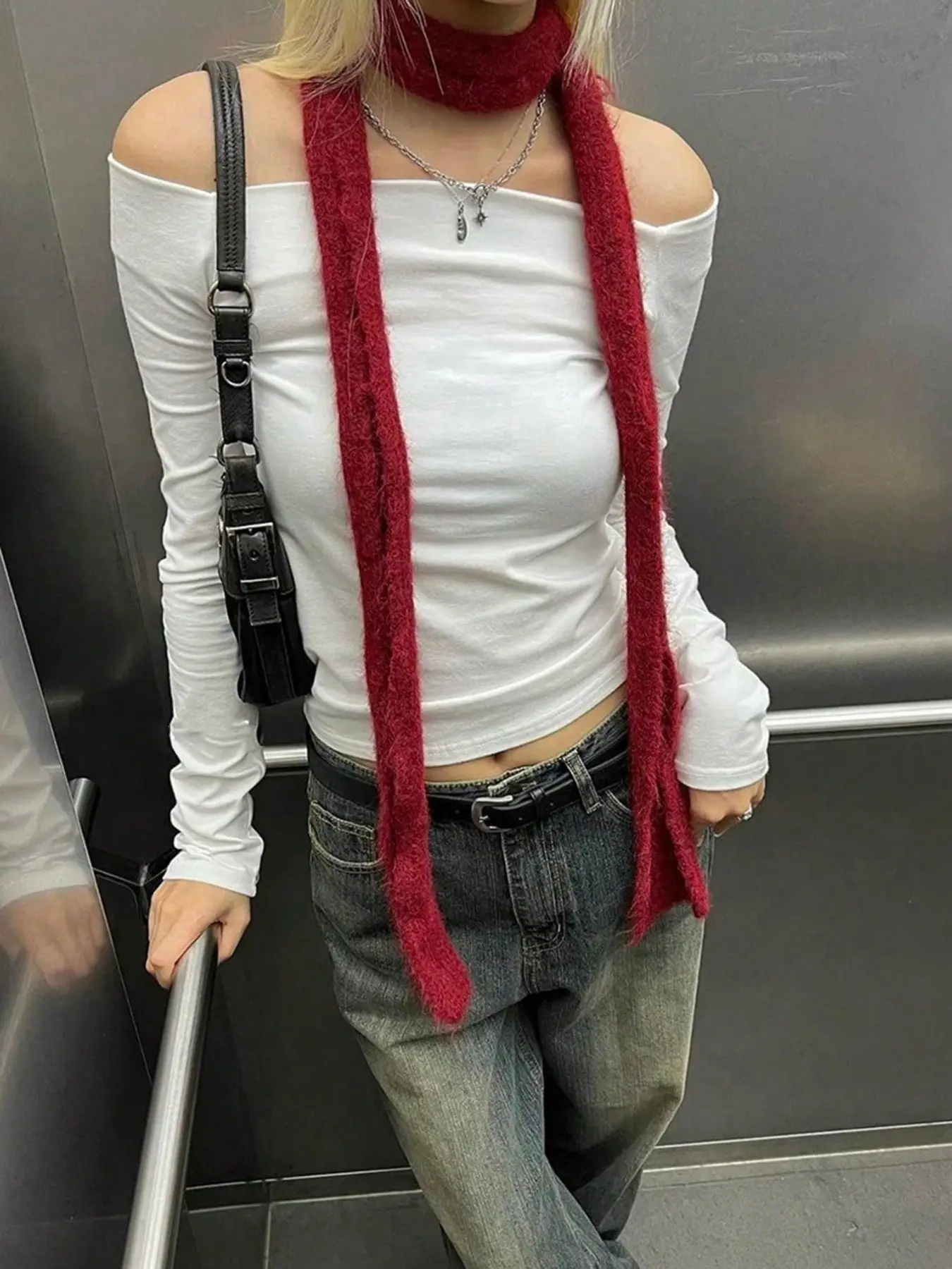 1pc Slightly Curled Edge Thin Scarf, Fashion Versatile Long Scarf, Narrow Style, Suitable For Dress Matching