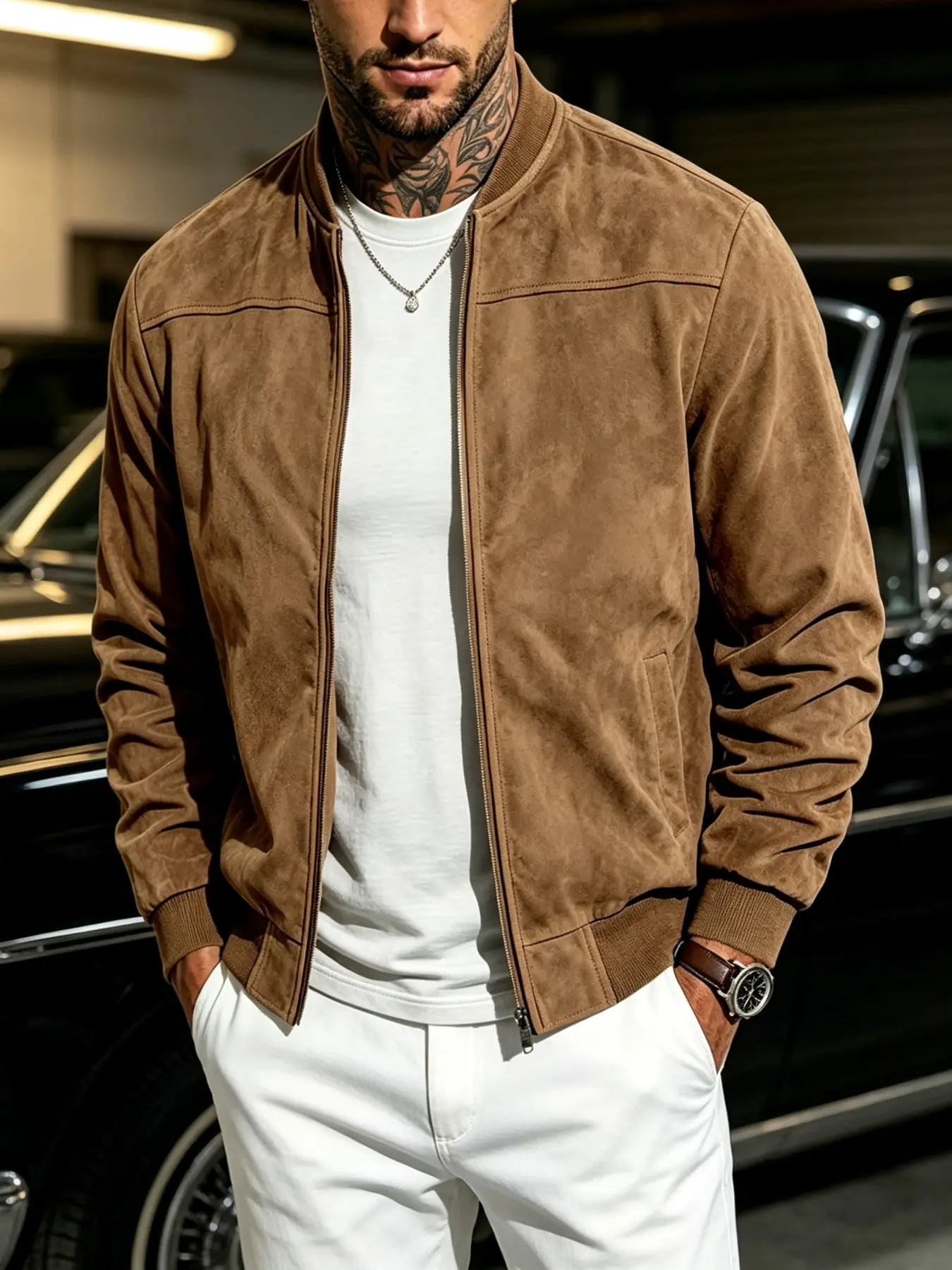 Men's Faux Suede Baseball Collar Full Zip Bomber Jacket, Ribbed Cuffs & Hem Varsity Flight Coat with Slant Side Pockets, Old Money Quiet Luxury Loose Casual Outerwear for Business Commute Street & Daily Outfits, 5 Colors Plus Size S‑3XL