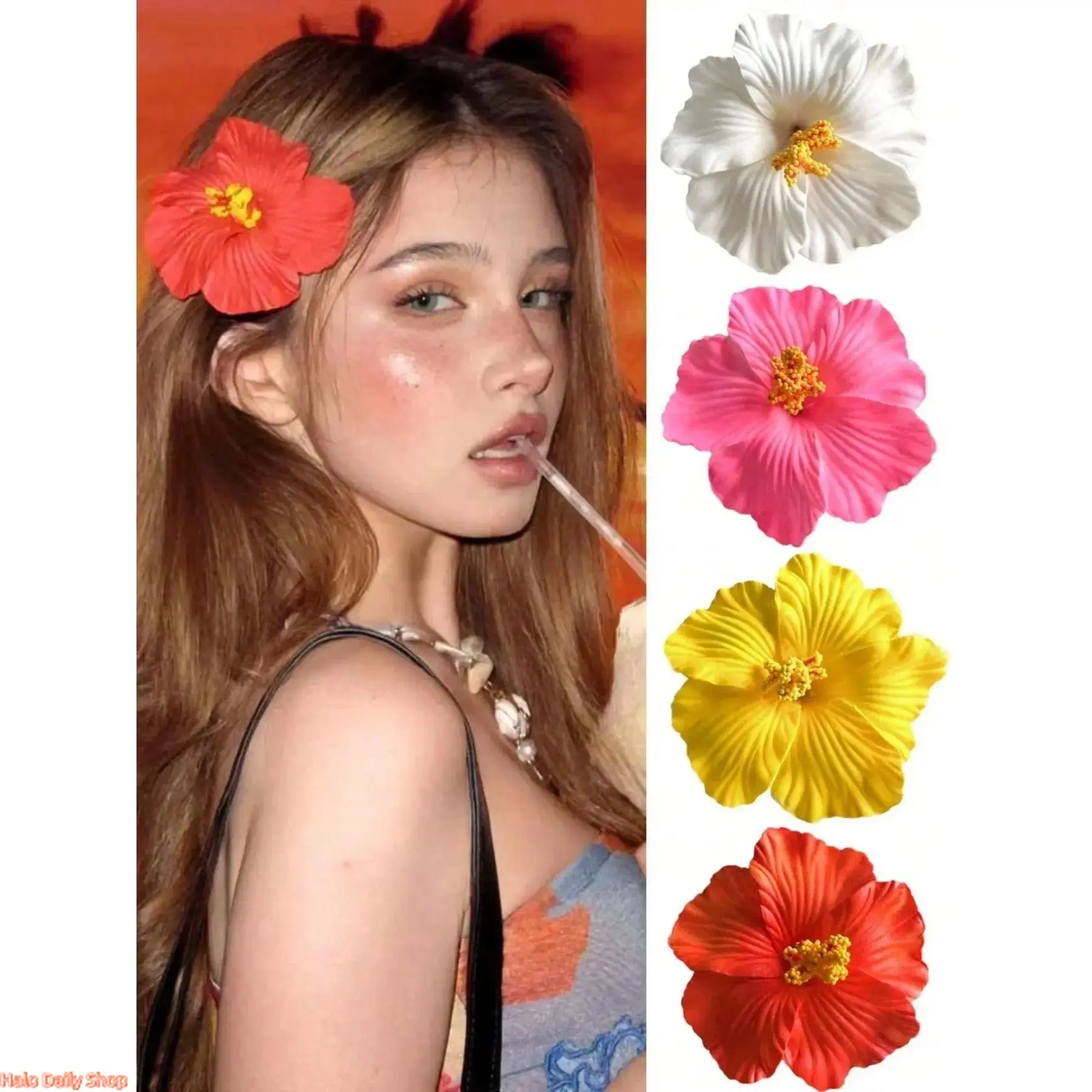 4pcs Women's Beach Hawaiian Flower Hair Clips Set, Dye, Fashion Multi-Functional Elegant Simple Side Clip, Hibiscus Flower Hair Clip, Floral Hair Accessories