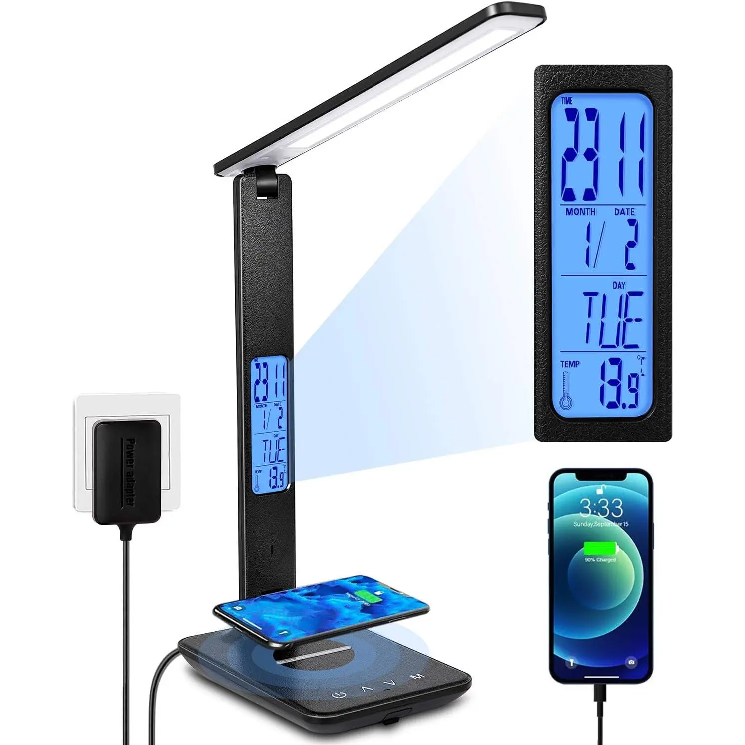 LED Desk Lamp with 10W Qi Wireless Charger, USB Charging Port, LCD Clock, 5 Brightness Levels, 3 Color Modes, Adjustable Reading Light