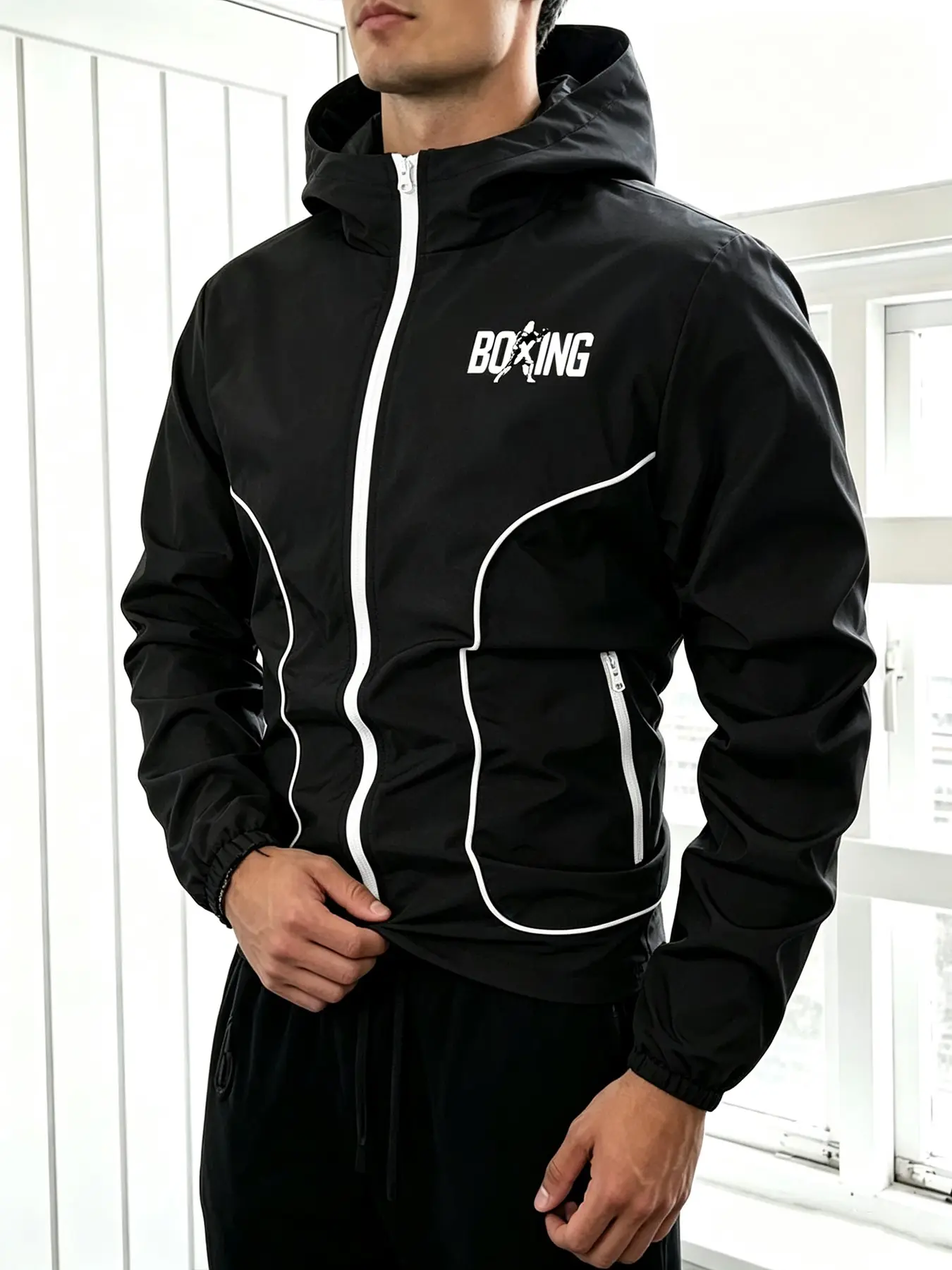 Men's Black Full Zip & Side Stripes Design Stand Up Hooded Windbreaker Casual Sport Jacket Boxing Letter Print for Daily Streetwear Running Workout Outerwear Tops