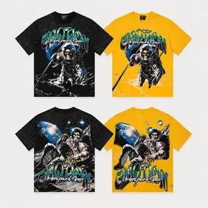 MIXED EMOTION Men’s Cotton Graphic Rhinestone T-Shirt Streetwear Vintage Y2K Astronaut Angel Print Oversized Hip Hop Tee Top Casual Summer Street Fashion