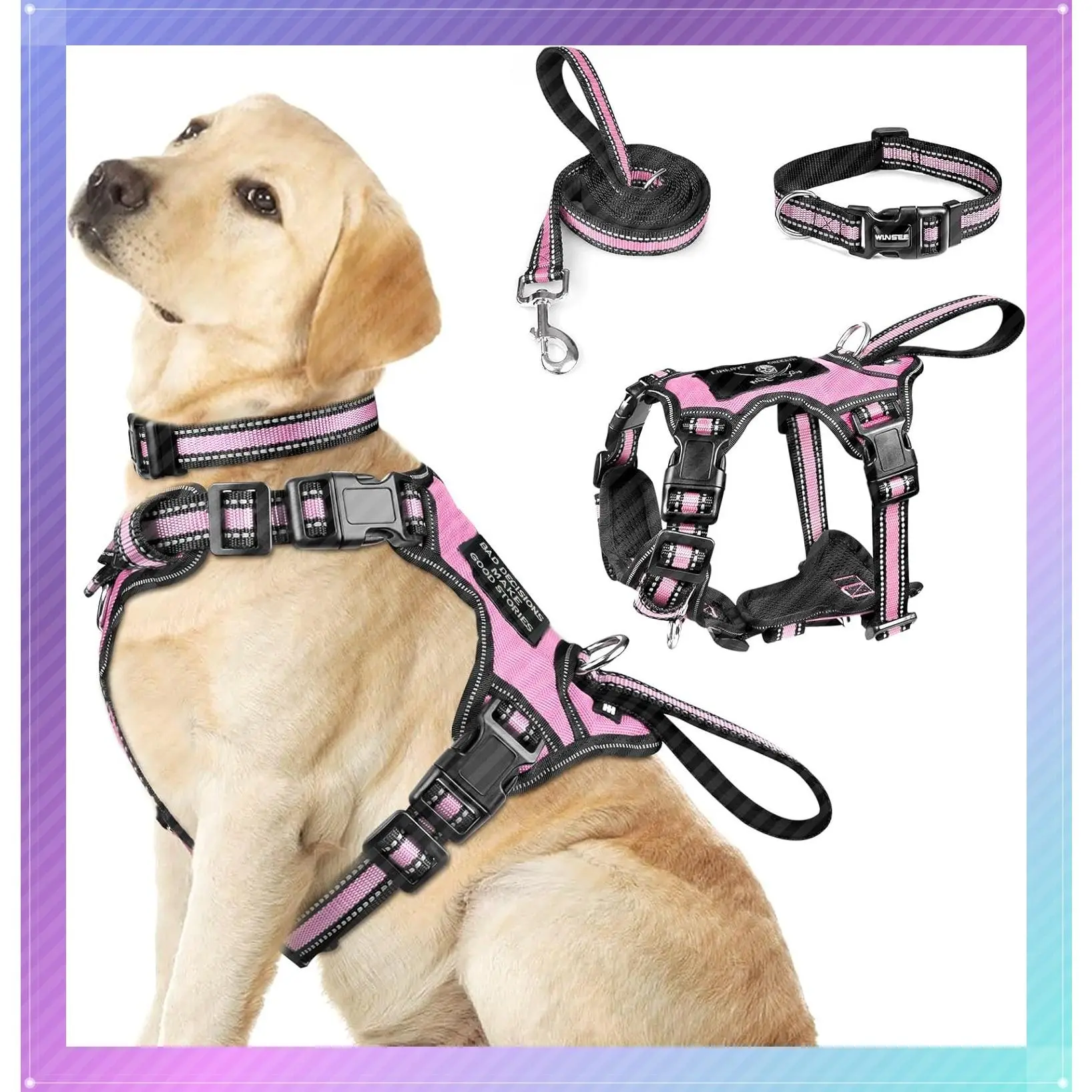 Pet Harness Collar and Leash Set, All-in-one Reflective Dog Harness No Pull with Adjustable Buckles for Puppies, Small, Medium, Large, and Extra-Large Dogs (Large, Pink)Gift