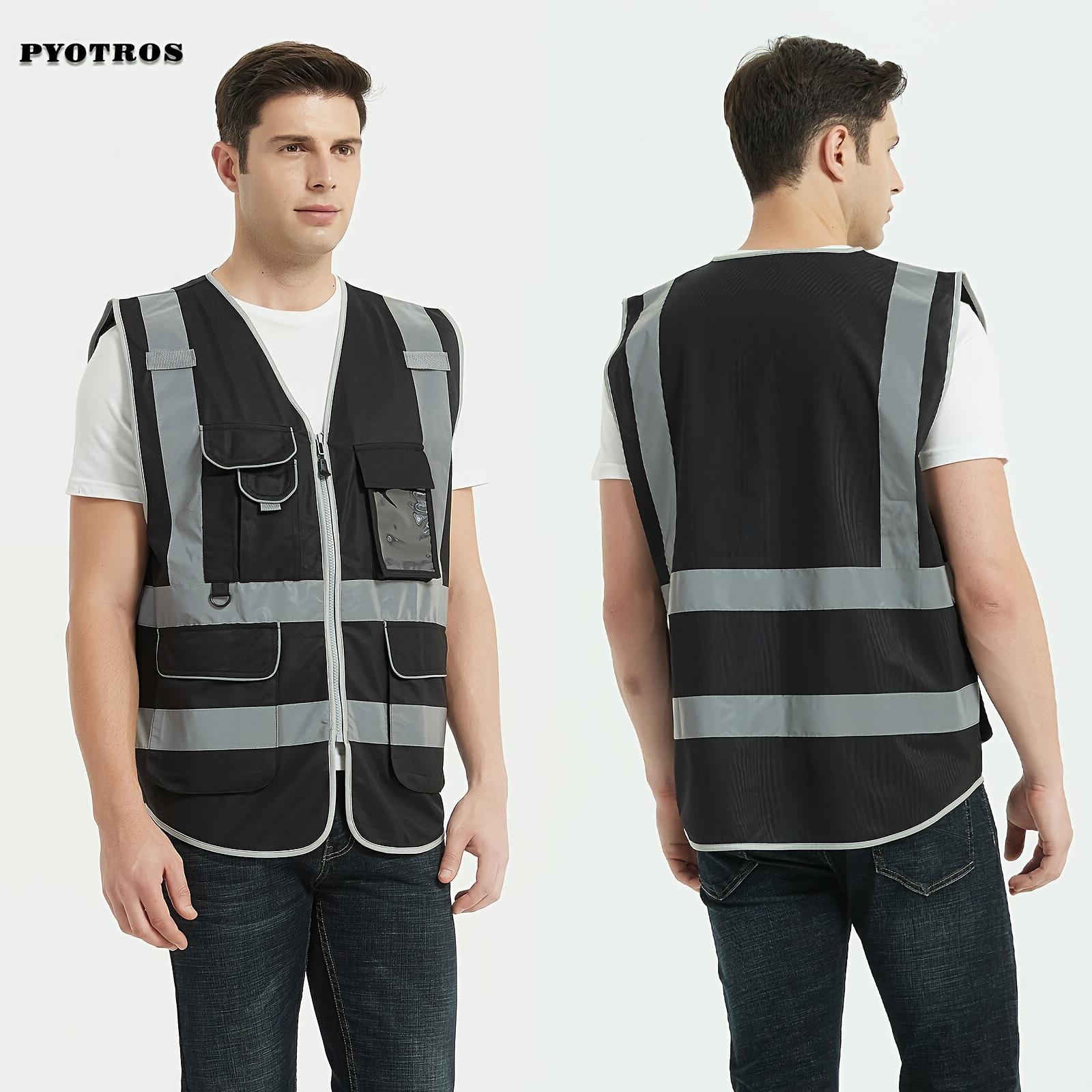 Hi Vis Reflective Safety Vest for Men & Women - High Visibility, Zip-Up with Pockets, Adjustable Waist, Ideal for Construction & Work, Black, Workwear | Highvisibility Vest | Zipup Vest