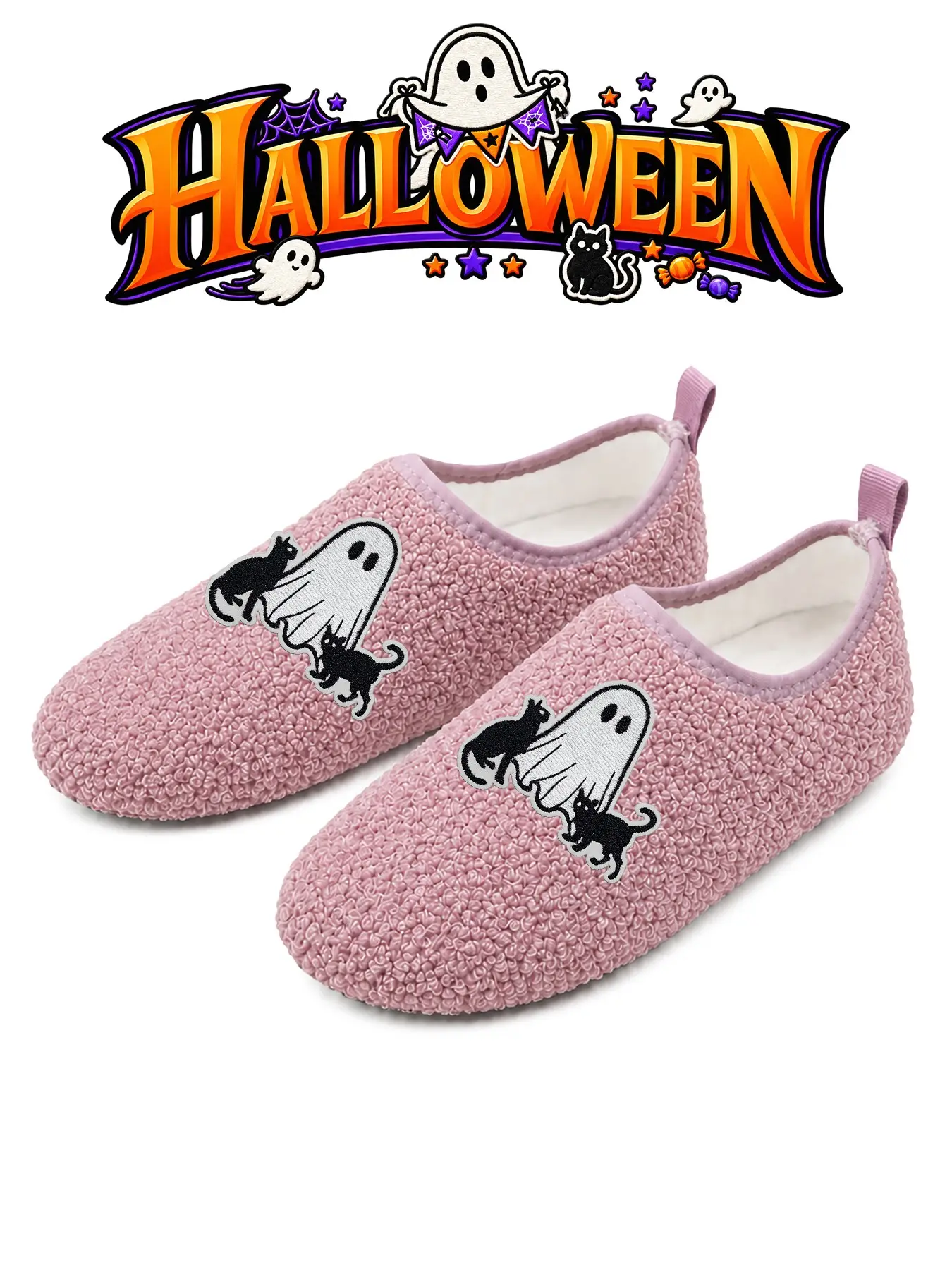 JEKO Unisex Halloween Cotton Slippers Spooky Ghost Spiderweb Embroidery Ultra Soft Fuzzy House Shoes Closed Heel Winter Warm Bedroom Anti Slip