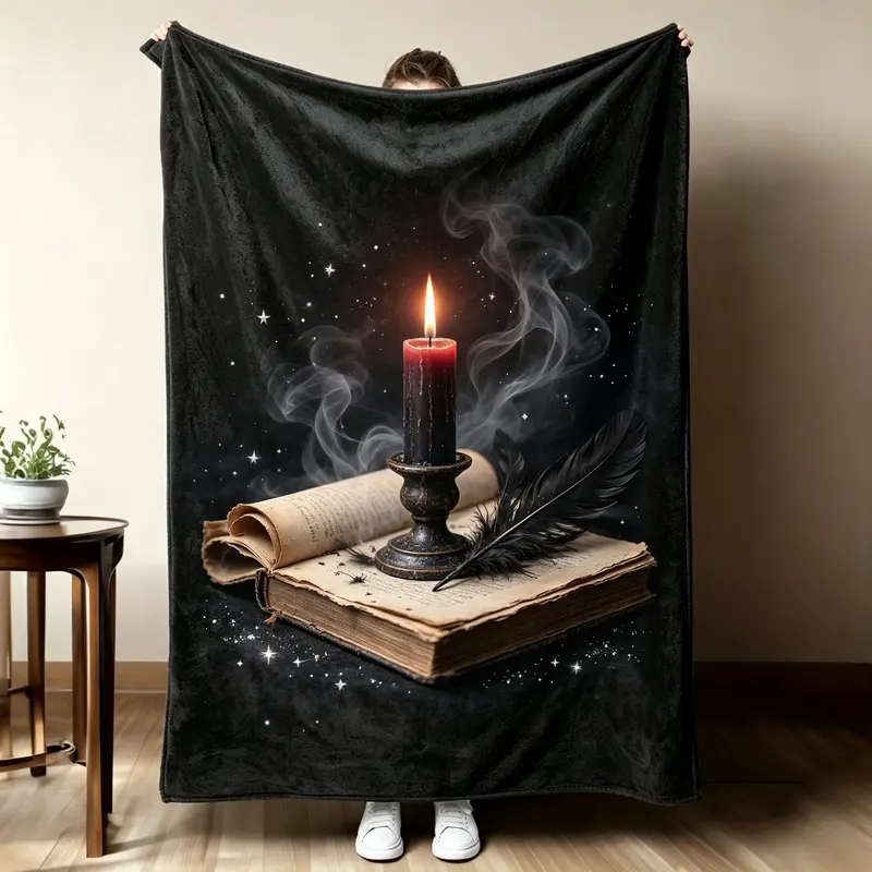 Vintage Old Book Red Candle Feather Mysterious Print Black Flannel Blanket Dark Academia Style Thickened Warm Sofa Blanket