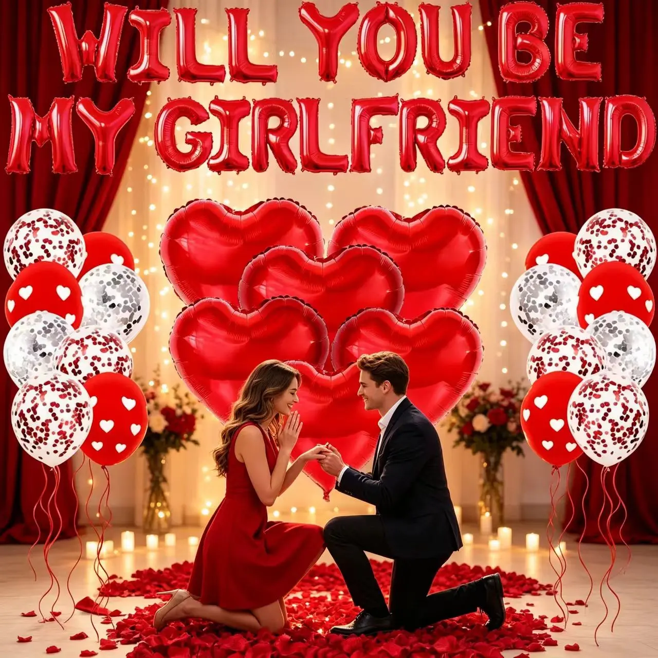 Will You Be My Girlfriend Letter Aluminum Foil Balloon Set, Heart Glitter Latex Balloons, Valentine's Day Proposal Room Decor