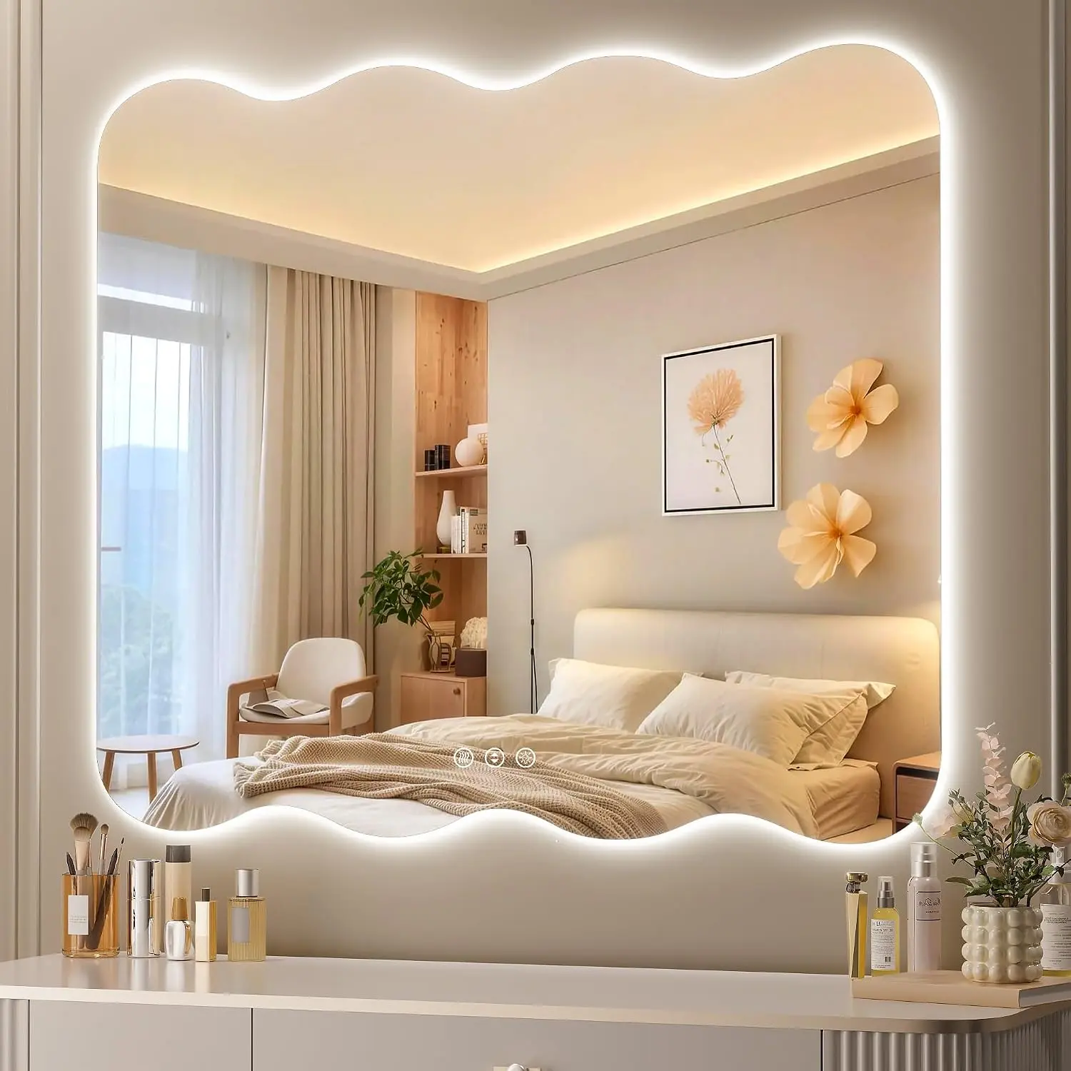 Wavy Full Length Mirror with Lights - 36"x36" LED Wavy Floor Mirror, Frameless, Dimmable, Standing or Vertical/Horizontal Wall-Mounted Mirror for Bedroom, Living Room, Cloakroom