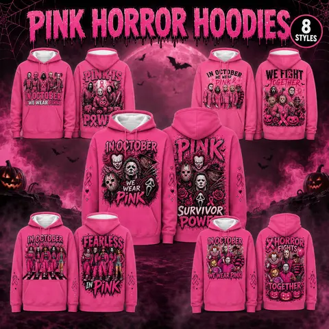 Unisex Pink October Graphic Hoodie - Scary Movie Character, Pumpkin, Bat Prints - Casual Wear Sports & Outdoor Top with Multiple Styles for Halloween