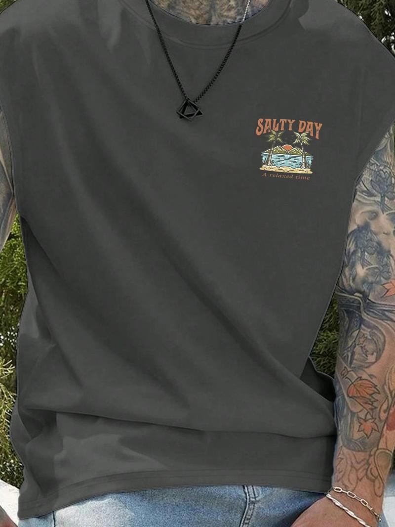 Men's Regular Fit Palm Tree & Mountain Print Tank Top, Casual Street Sleeveless Top for Daily Wear, Men's Clothes for All Seasons, Sleeveless Tank Tops, Socks