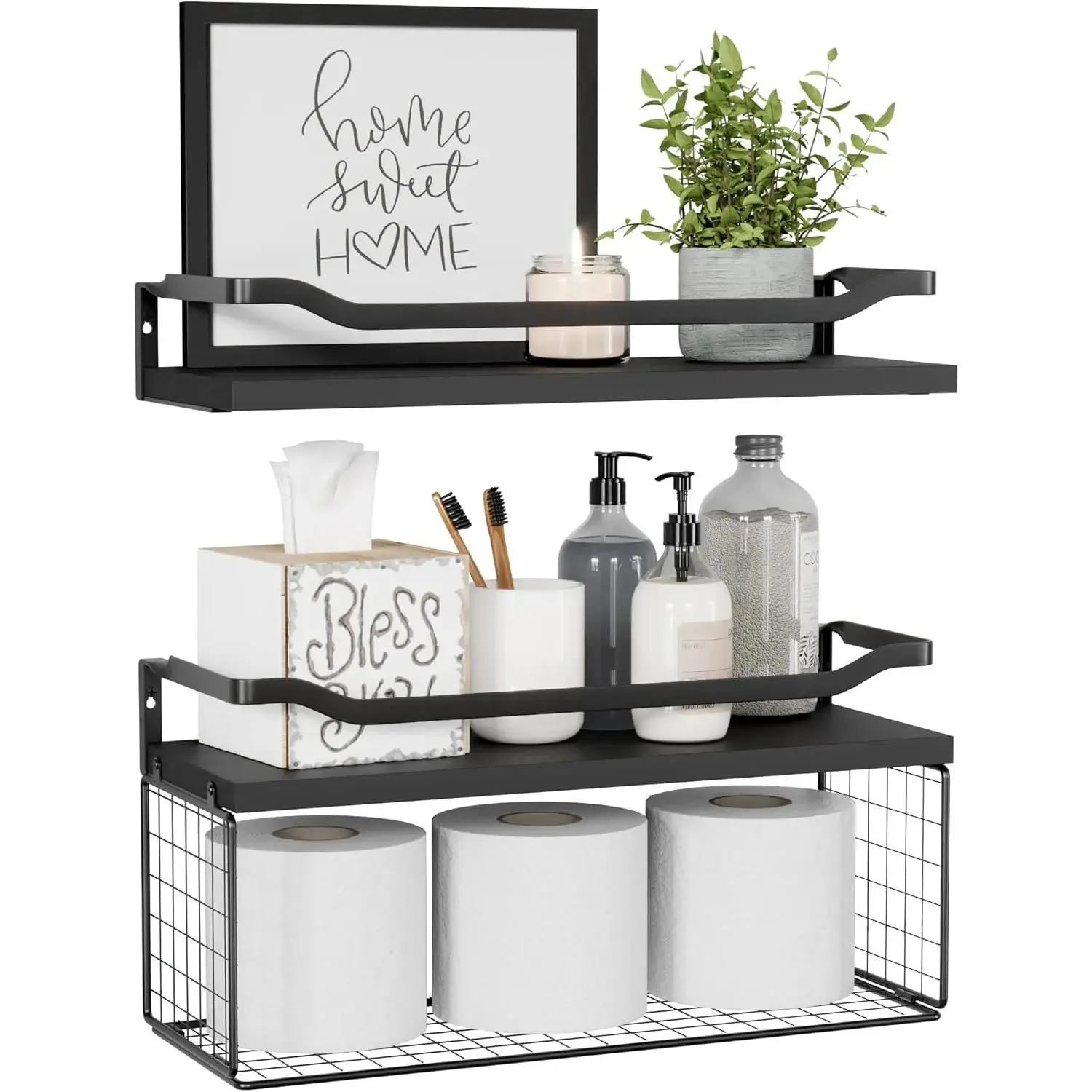 Floating Shelves with Wire Storage Basket, Bathroom Shelves Over Toilet with Protective Metal Guardrail, Wood Wall Shelves for Bathroom, Bedroom, Living Room, Toilet Paper-Black