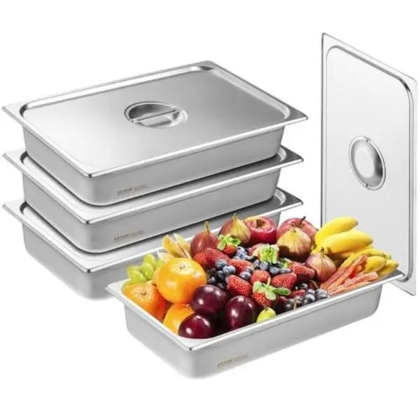 【DealsForYouDays】VEVOR 4 Pack Hotel Pans, Full Size Anti-Jam Steam Pan with Lid, 0.8mm Thick Stainless Steel Steam Table Pan, 4-Inch Deep Commercial Table Pan, Catering Storage Food Pan, for Industrial Scientific