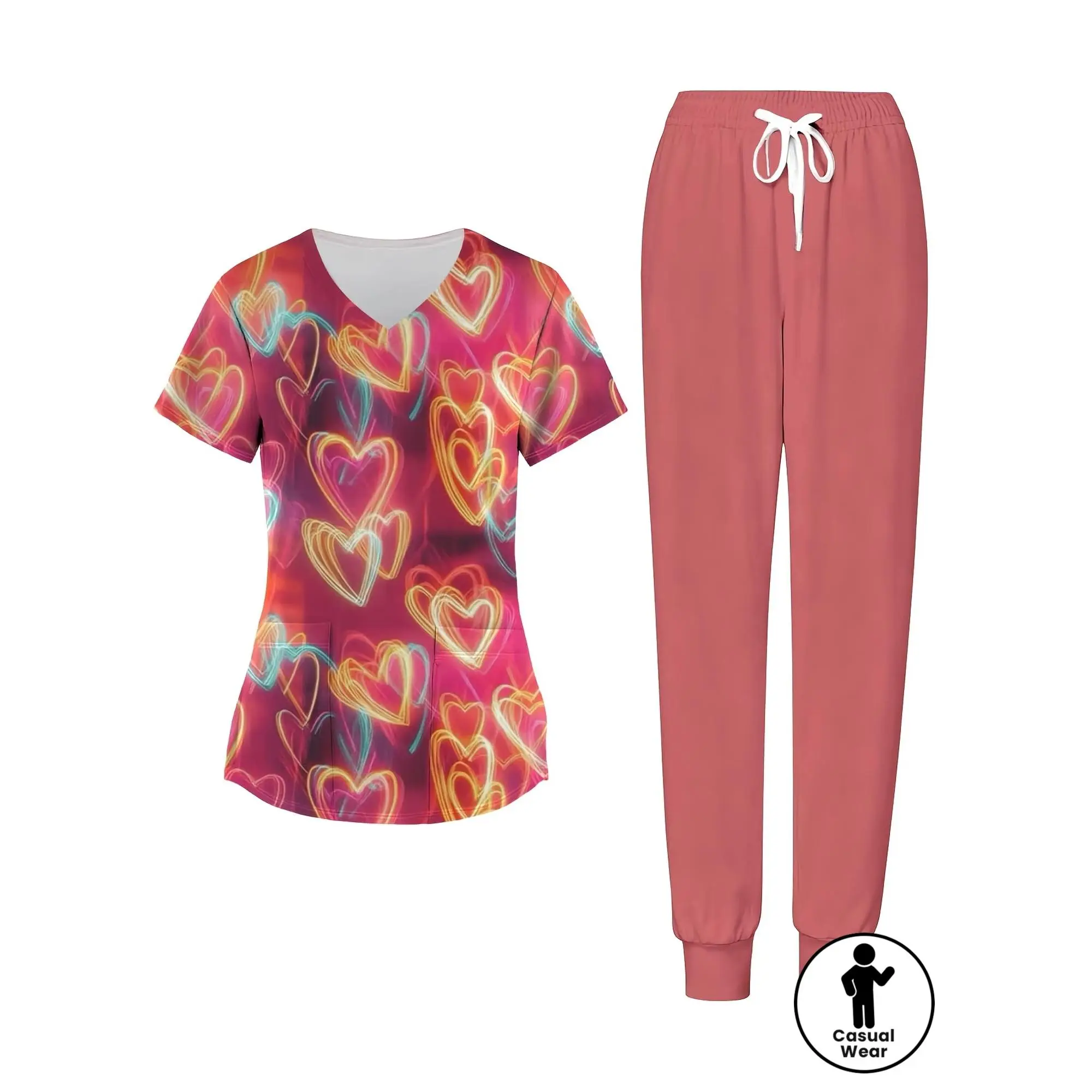 2pcs Plus Size Women'S Scrubs Set | Heart Print Top and Solid Pink Trousers for Nursing Work, Comfortable Fabric with V-neck and Short Sleeves, Casual Style with Pockets