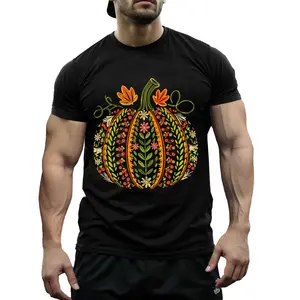 Plus Size Bohemian Pumpkin Print Tee, Vibrant Orange Green Short Sleeve Round Neck, Stretchy Comfort Fit Multicolor Boho Leaf Floral Top for Thanksgiving
