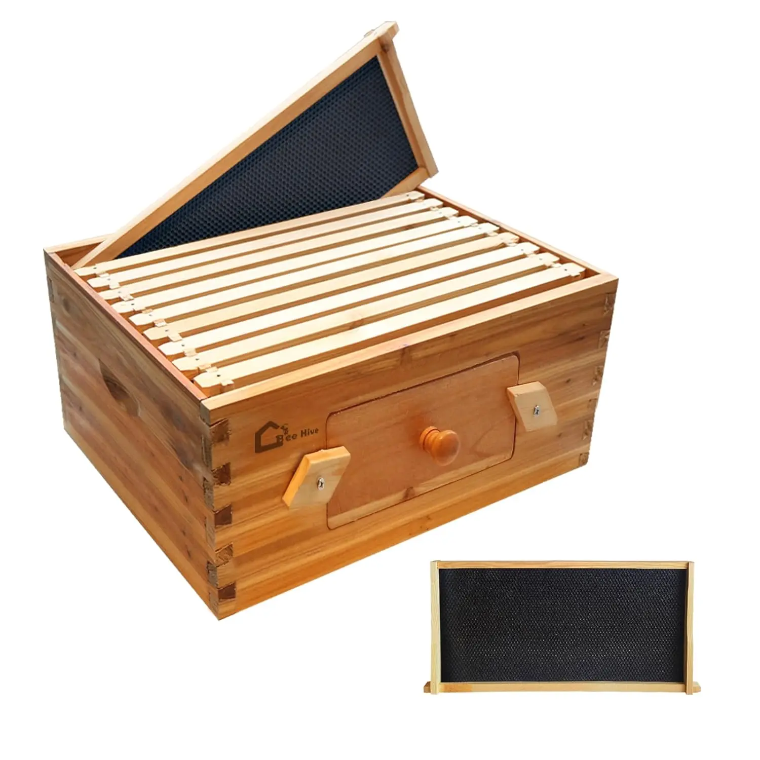 10-Frame Deep Brood Box, Wax Coated Bee Hives Deep Box with Transparent Acrylic Windows, Beehives Frames and Wax Foundations, Langstroth Hive Body Brood Box for Beekeeping Supplement