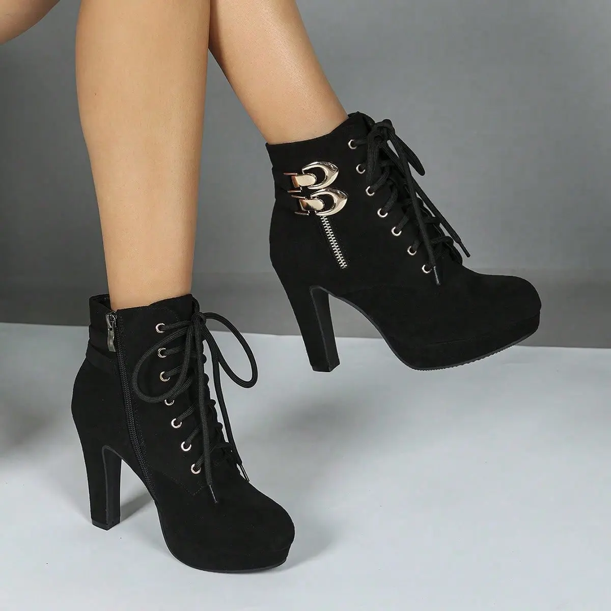 Women's Black Faux Suede Platform Ankle Boots, Lace Up High Stiletto Heel Booties with Double Metal Buckle & Side Zipper, Fashion Nightclub Party Short Heeled Boots