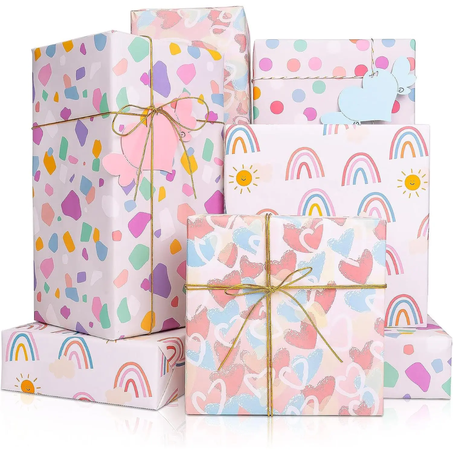 Wrapping Paper, Birthday Wrapping Paper for Girl w/ Tags, Rainbow Polka Dots Heart  Wraps for Birthday, Valentines Day, Christmas, Wedding,  Shower, 4 Sheets 27.5x19.6inch