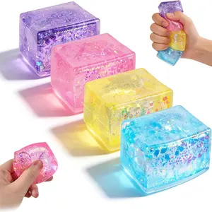 4Pcs Glowing Aurora Maltose Ice Cube Squishy, Slow Rising Simulation Cube Tofu Fidget Toy, Shiny Sensory Stress Relief Squeeze Ball for Kids Adults, Perfect for Party Favors Holiday Birthday Gifts Classroom Prizes ﻿