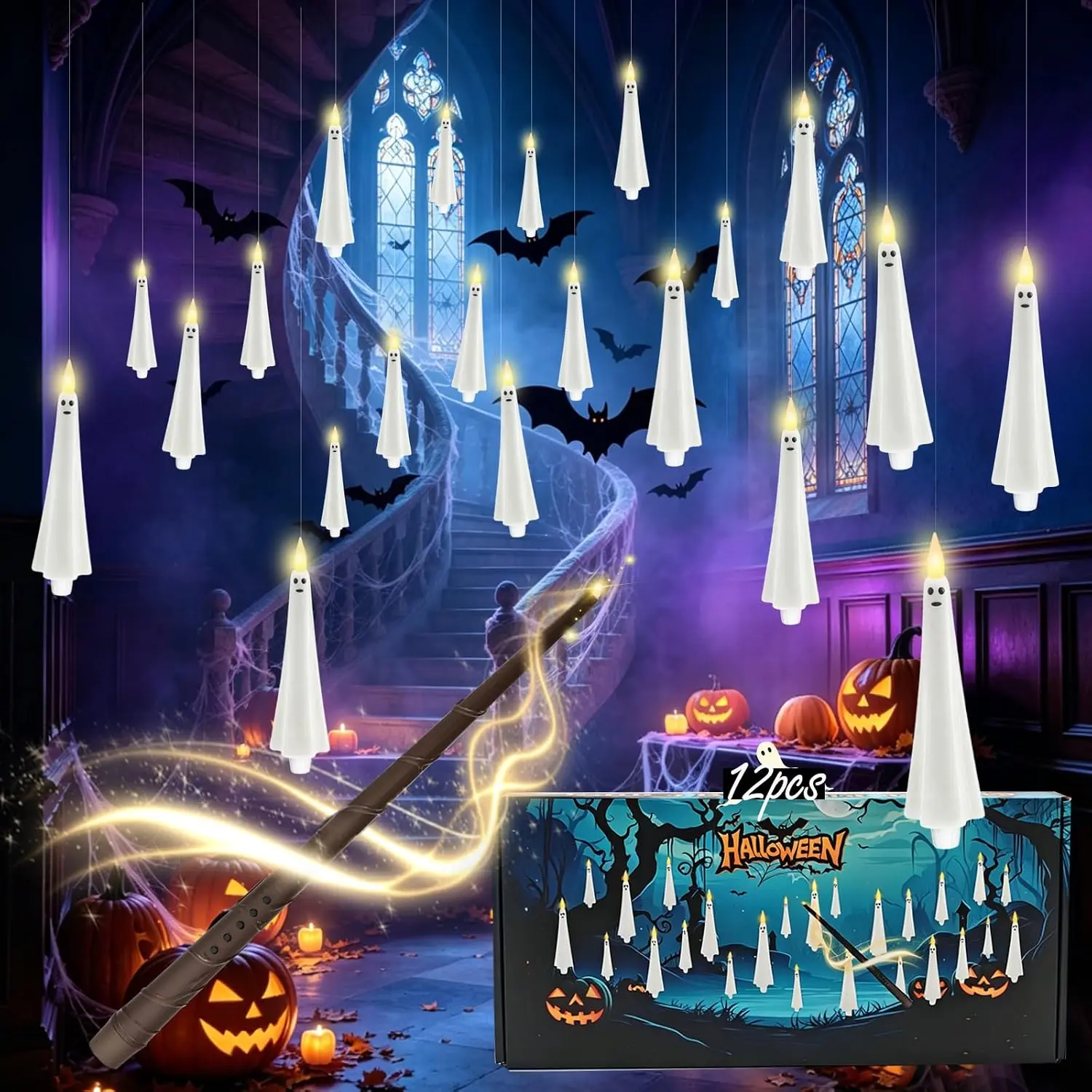 12 count Halloween  Flameless Floating Candles with Wand Remote Timer,  Operated LED Taper Candles for  or Candelabra, Halloween  Decor(White)