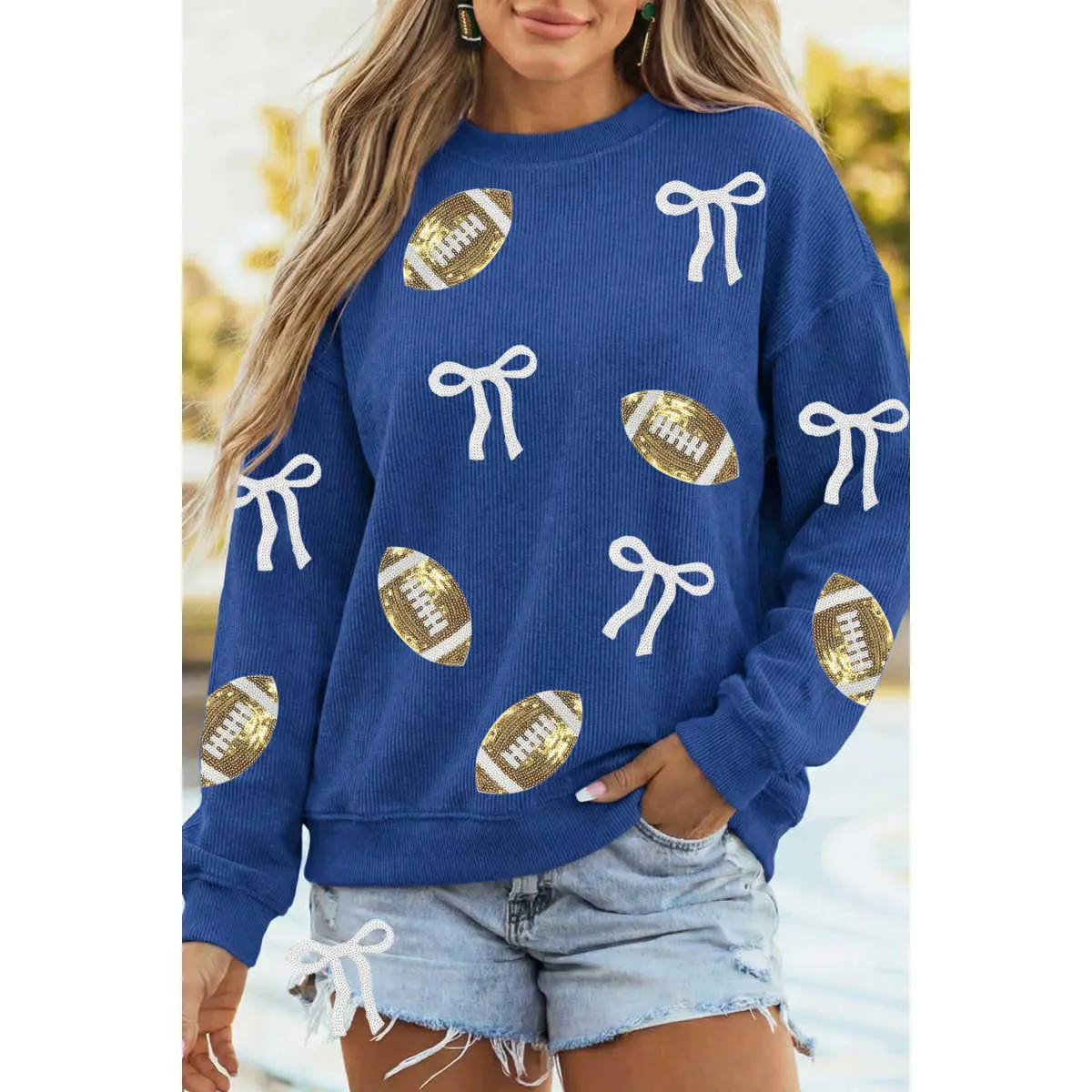 Dark Blue Corded Rib Sequin Rugby Bow Graphic Dropped Shoulder Sweatshirt