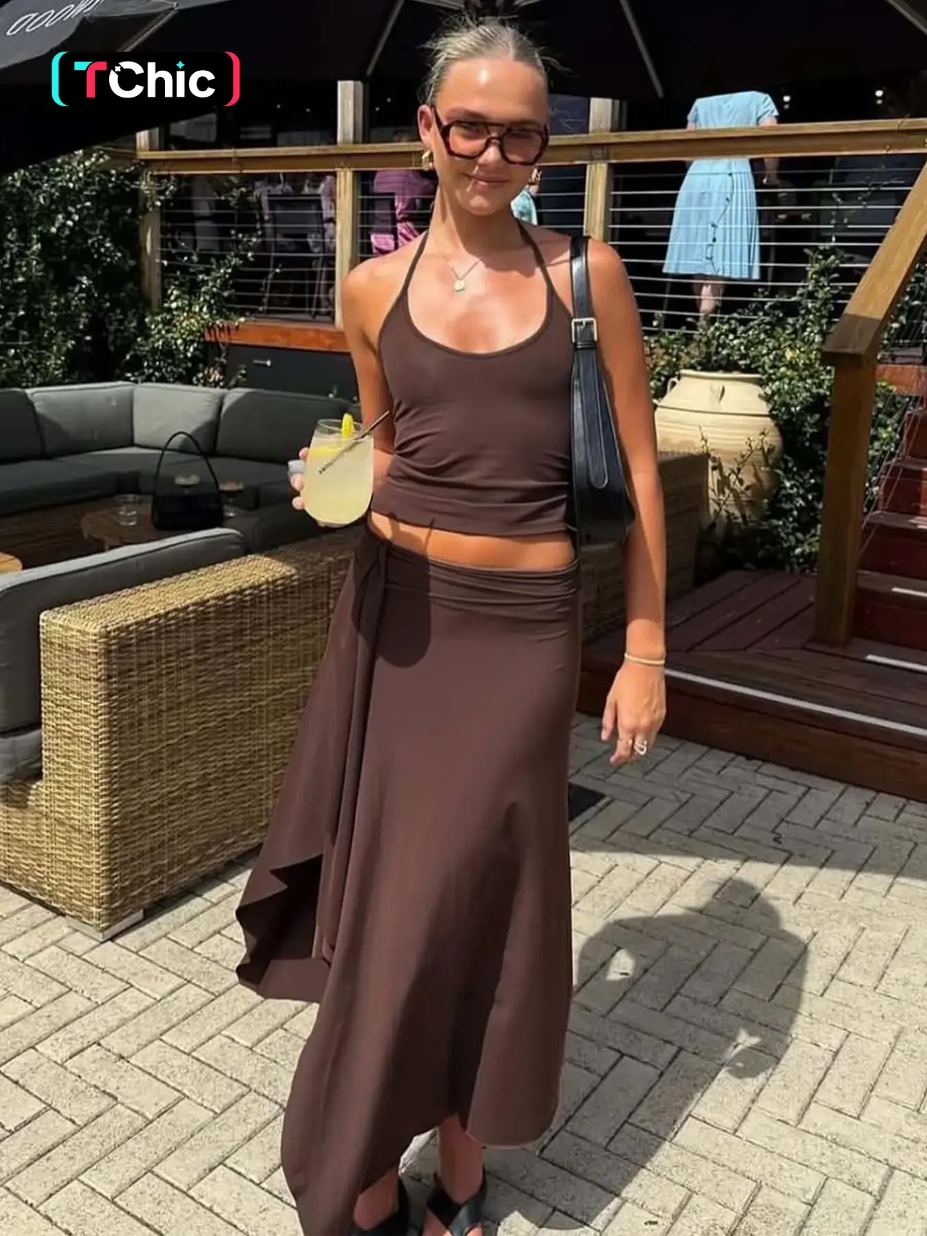 Women's Summer Outfit, Womenswear, Solid Sleeveless Tie-neck Cami Top & Bodycon Side Split Irregular Hem Long Skirt Two-piece Set, Backless Halter Neck Lace-up with Slit Ruffles, Party Club Date Outfits