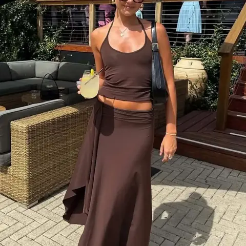 【Black Friday】Women's Summer Casual Outfit, Womenswear, Solid Sleeveless Tie-neck Cami Top & Bodycon Side Split Irregular Hem Long Skirt Two-Piece Set, Backless Halter Neck Design with Slit Ruffles, Party Club Date Outfits