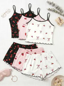3-Piece Pajama Set, Bow Cherry Print Tank Top & Shorts, Trim Ruffle Design, Sweet Cool Cute Girl Style, Breathable Home Sleepwear