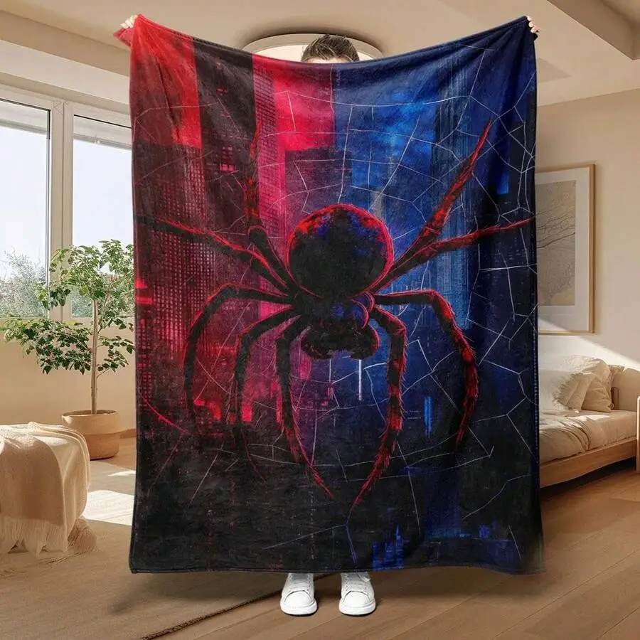 Red Blue Spider Web City Flannel Throw Blanket, Gothic Cool Spider Plush Blanket, Soft Cozy Blanket for Bedroom Sofa, Halloween Birthday Holiday Gift for Men,Lightweight Blanket for Bedroom Bed Sofa Couch Living Room Office Nap Travel Car Camping Home