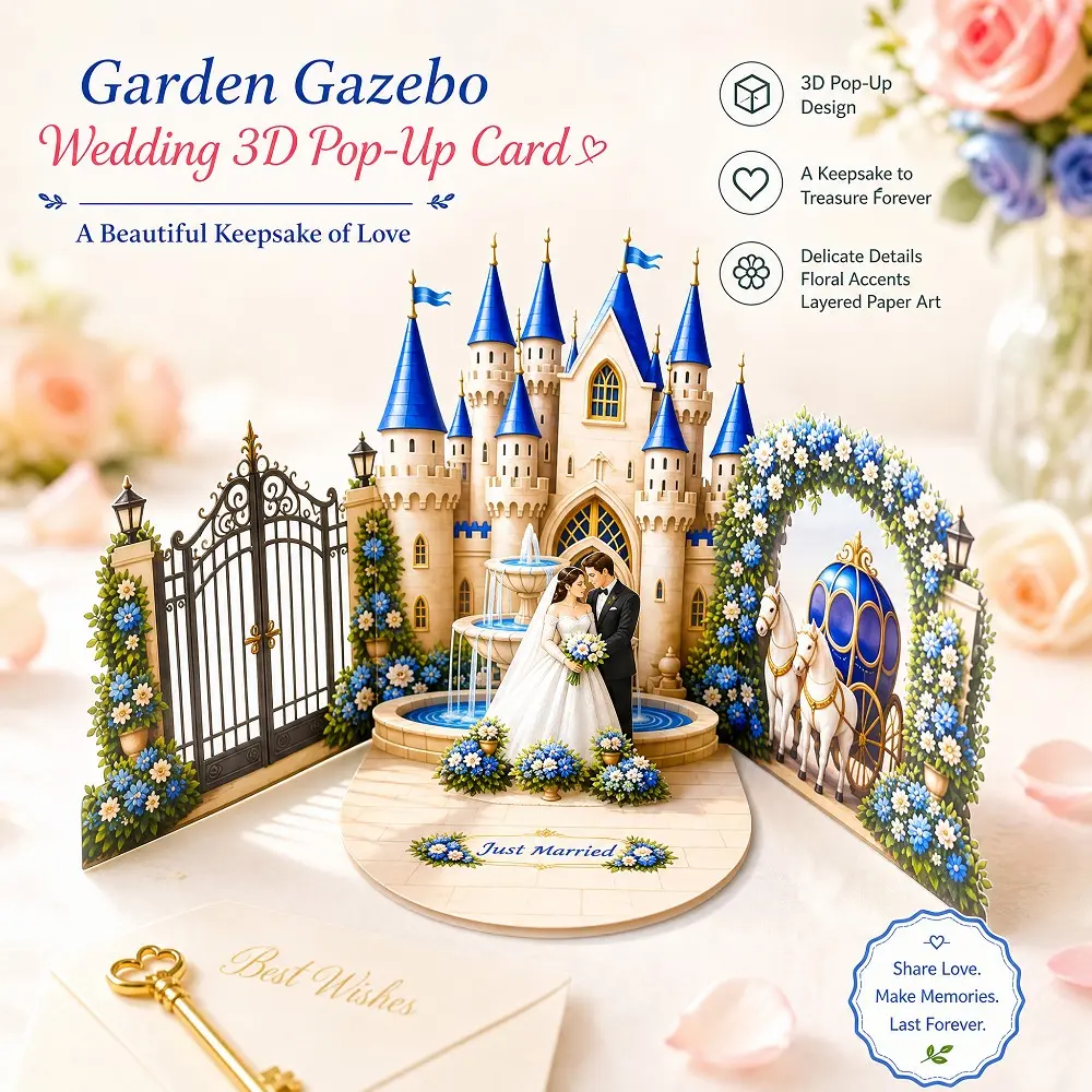 3D Wedding Card with Envelope, Fairy Tale Castle Bride Groom Flower Arch, Blue Car New Wedding 3D Card, Party Gift for Couples
